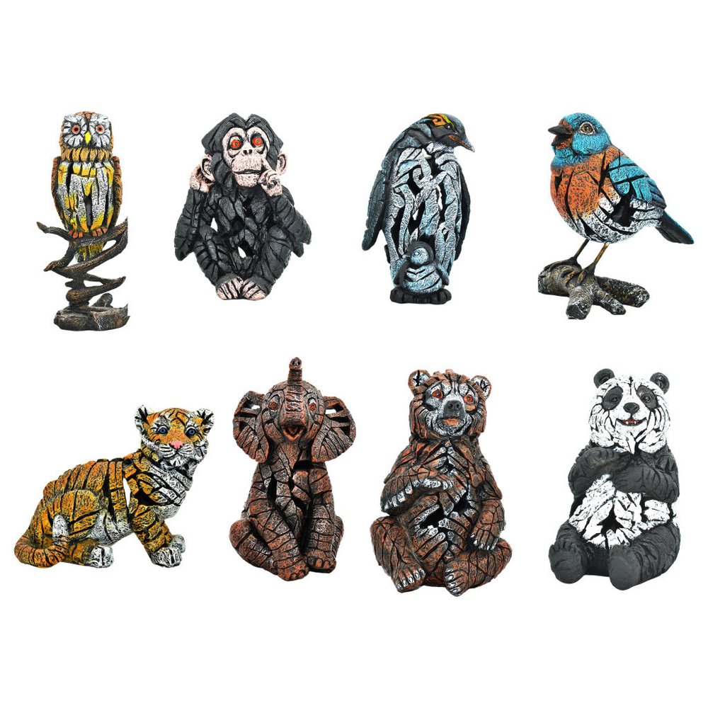 Set of Eight Brown White And Black Resin Panda, Bird, Bear, Monkey, Penguin, Elephant, Tiger, Owl Tabletop Sculpture