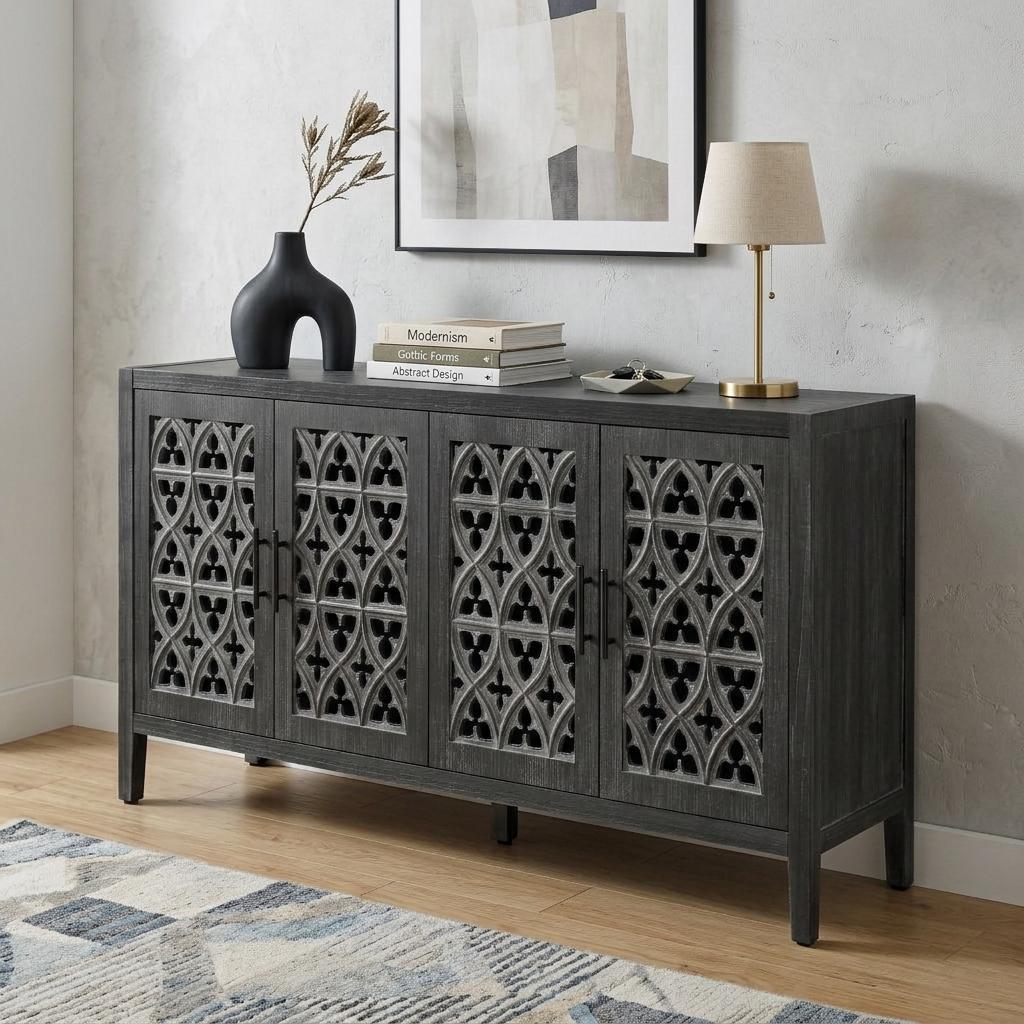 65" Charcoal Distressed Wood Sideboard with Four Doors