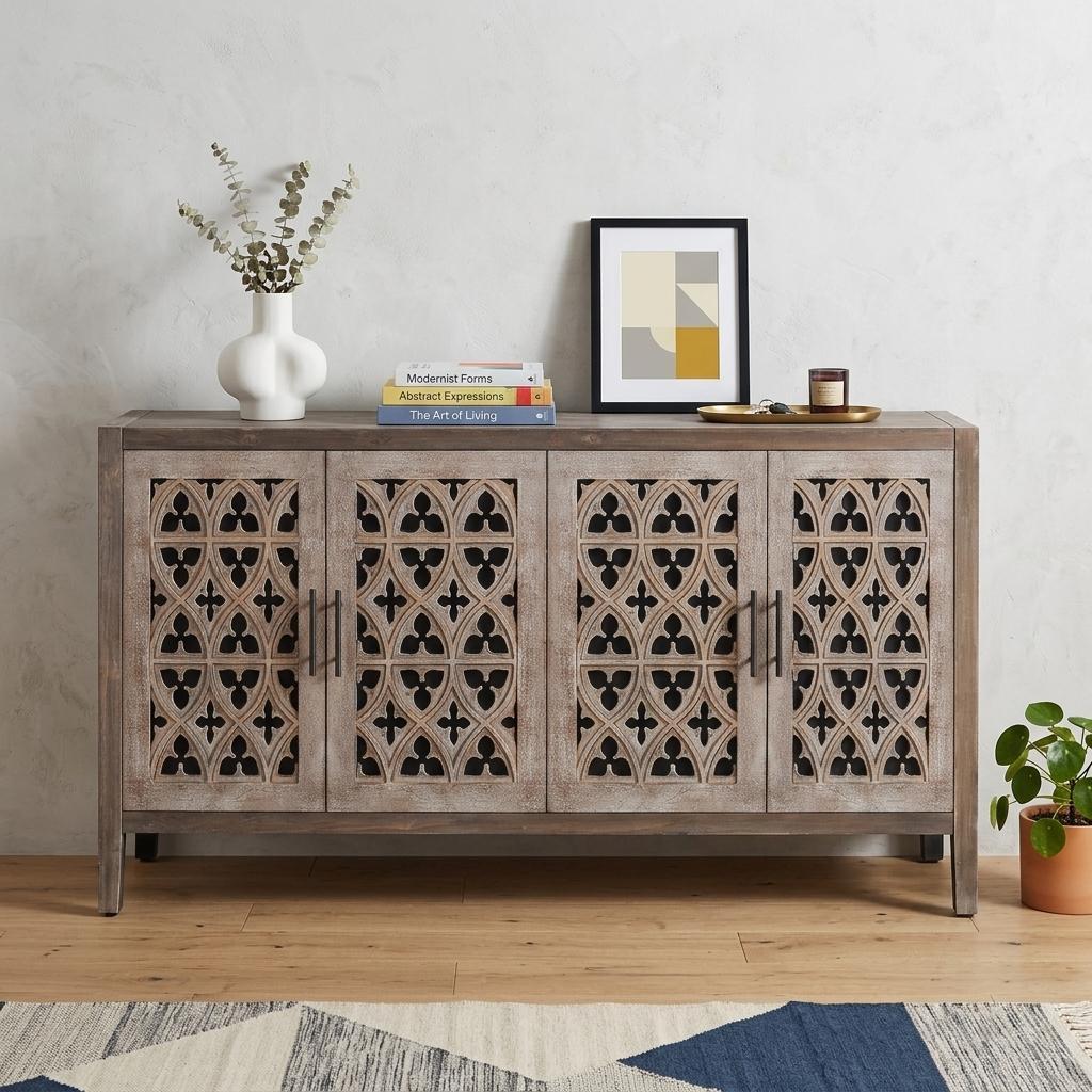 63" Brown Distressed Carved Scrollwork Sideboard with Four Doors
