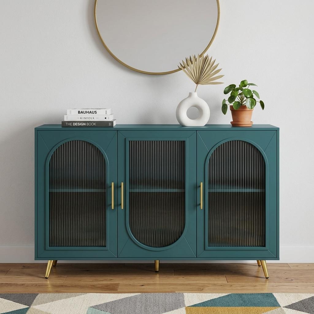 60" Teal Blue Ribbed Texture Sideboard with Four Doors