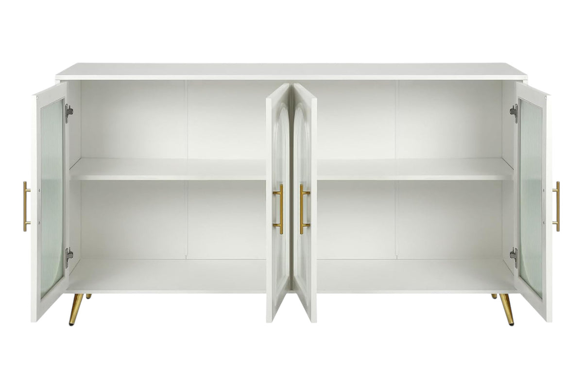 60" White Ribbed Texture Wood And Glass Sideboard with Four Doors