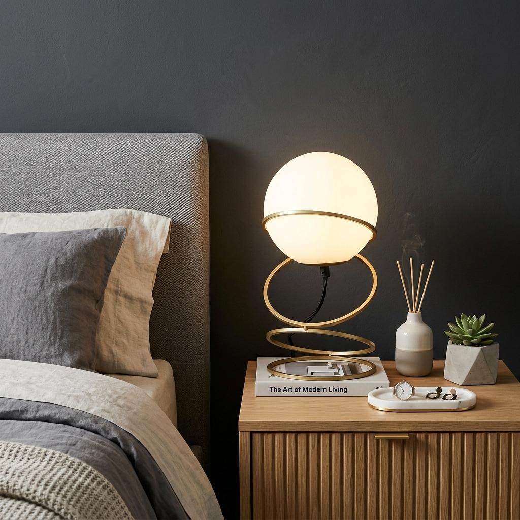 14" Gold Metal Geo Spiral Bedside Lamp With White Globe Shade