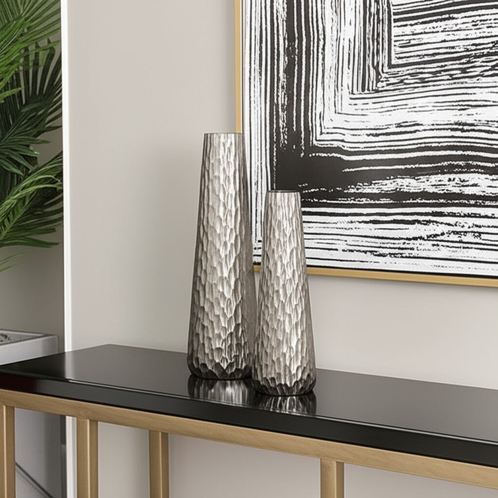 Set of Two Silver Cast Aluminum Textured Table Vases