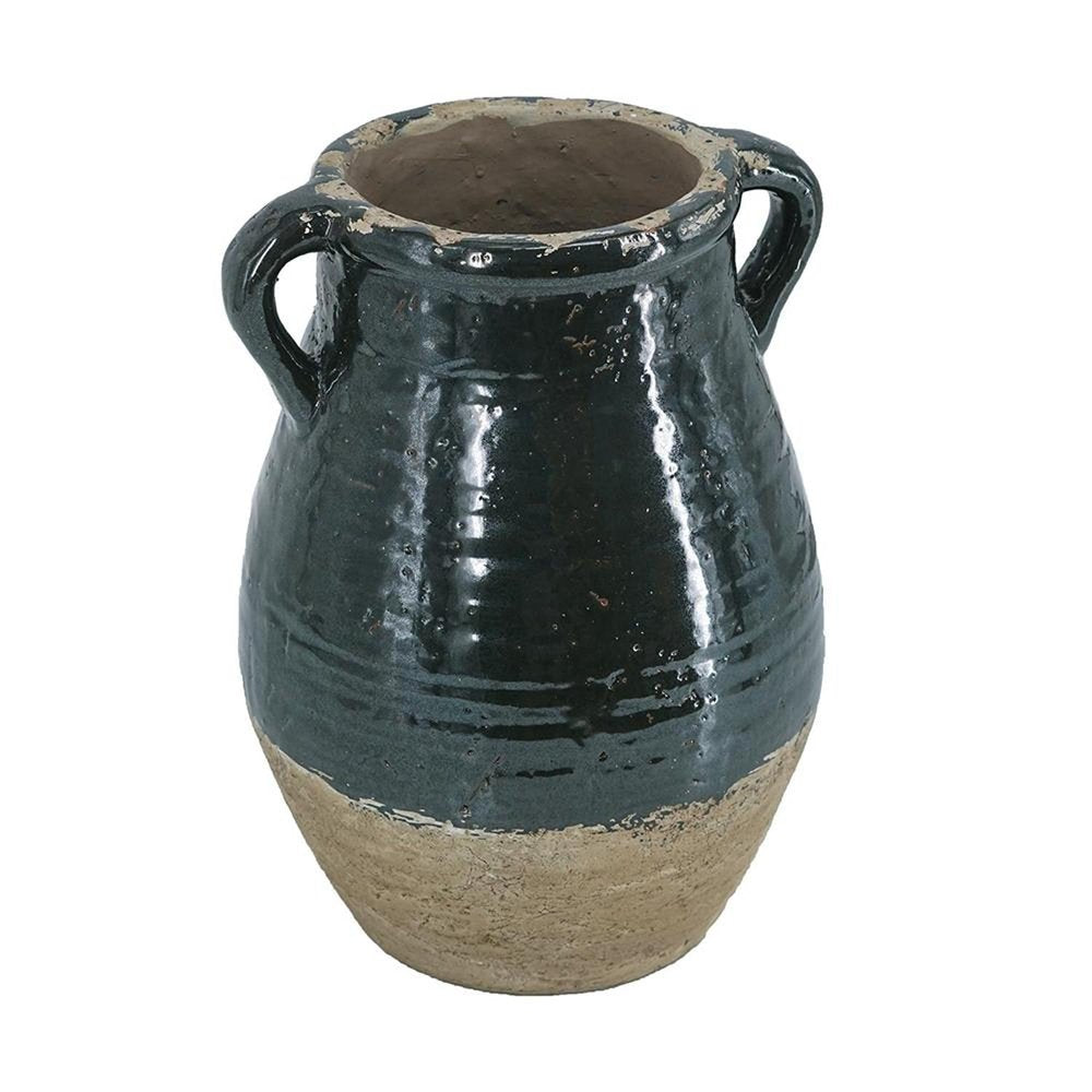 13" Forest Green And Sand Color Block Terracotta Round Jug Vase