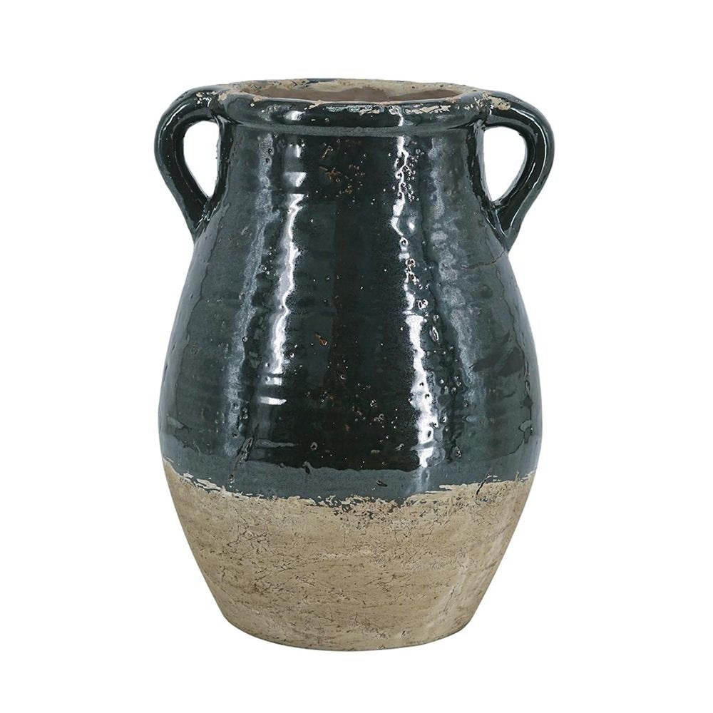 13" Forest Green And Sand Color Block Terracotta Round Jug Vase