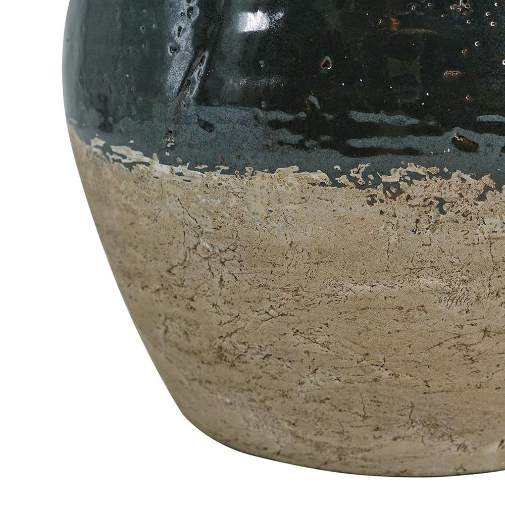 13" Forest Green And Sand Color Block Terracotta Round Jug Vase