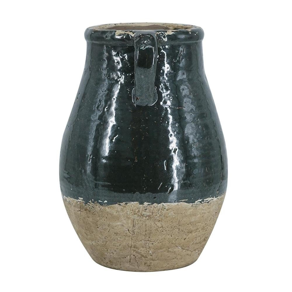 13" Forest Green And Sand Color Block Terracotta Round Jug Vase