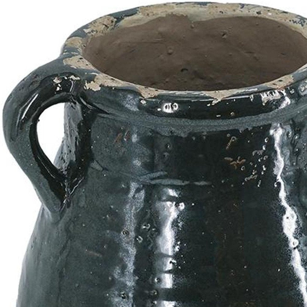 13" Forest Green And Sand Color Block Terracotta Round Jug Vase