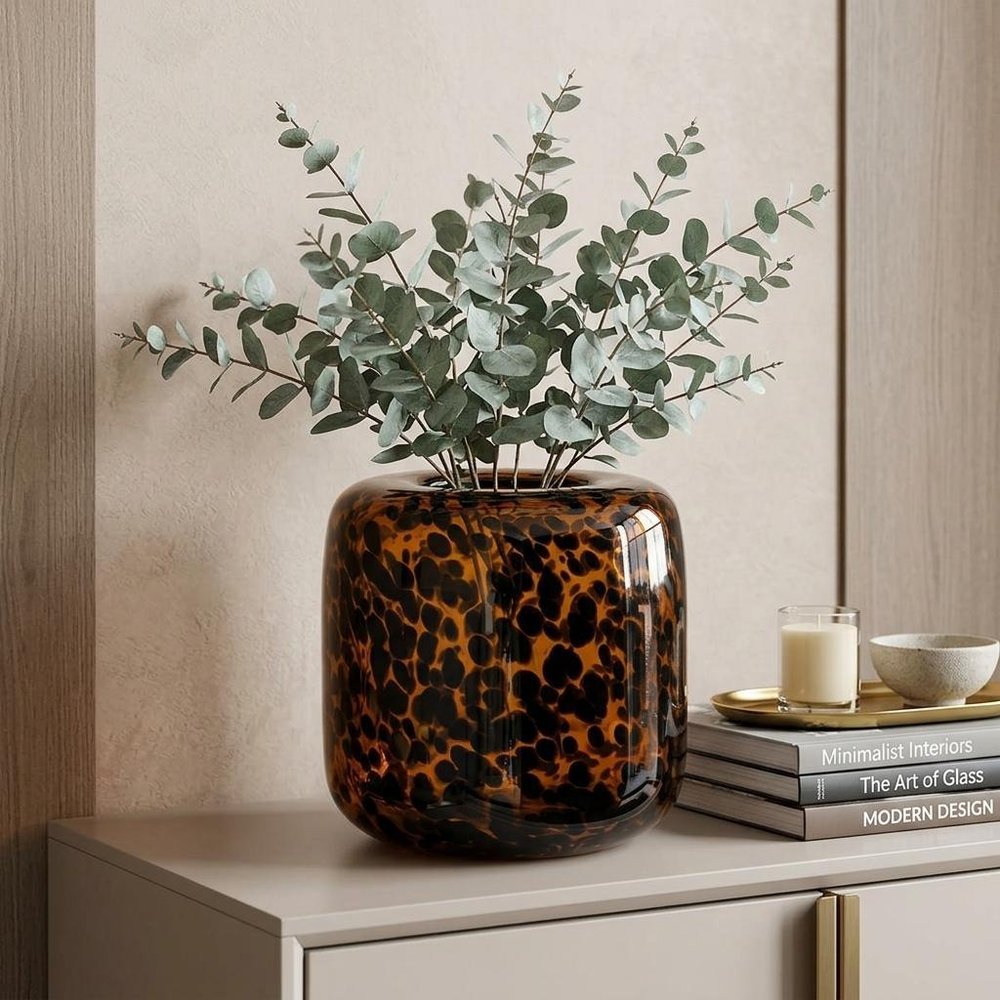 8" Amber And Black Animal Print Glass Round Table Vase