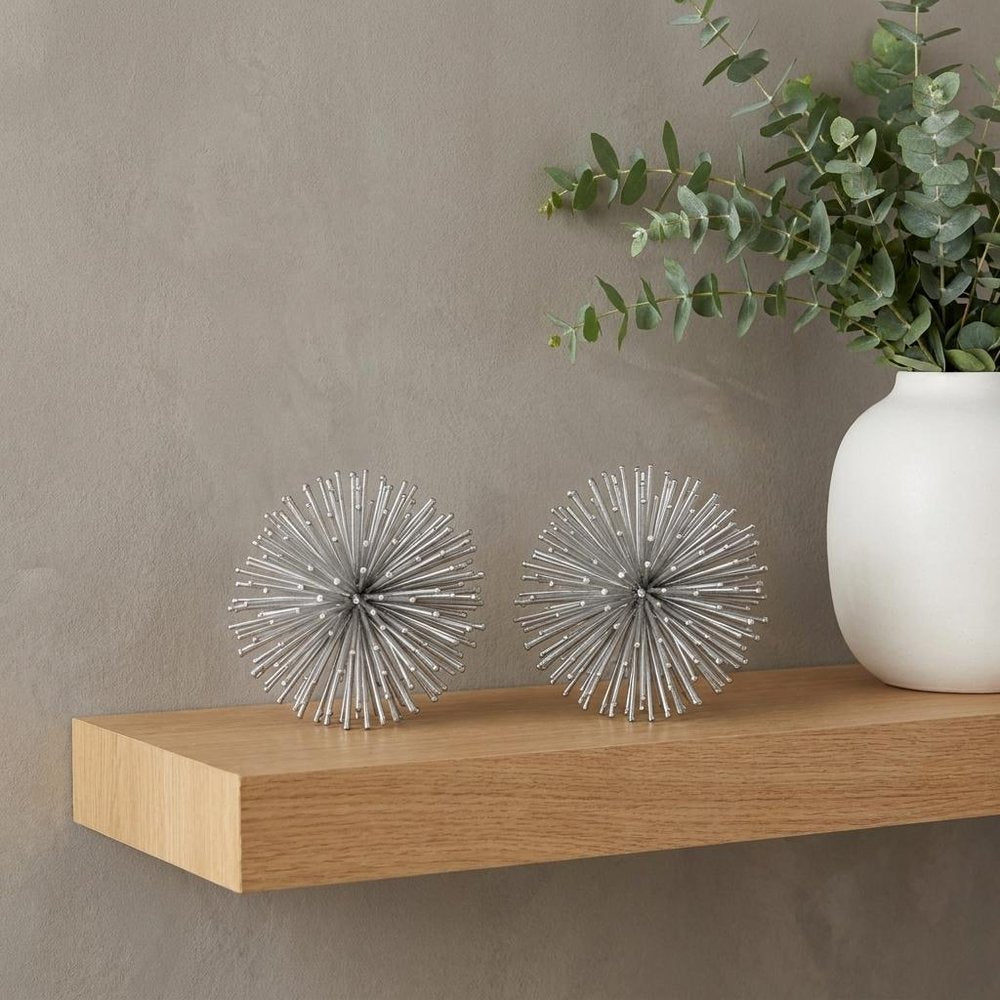 6" Silver Iron Decorative Urchin Spiky Sphere Tabletop Sculpture