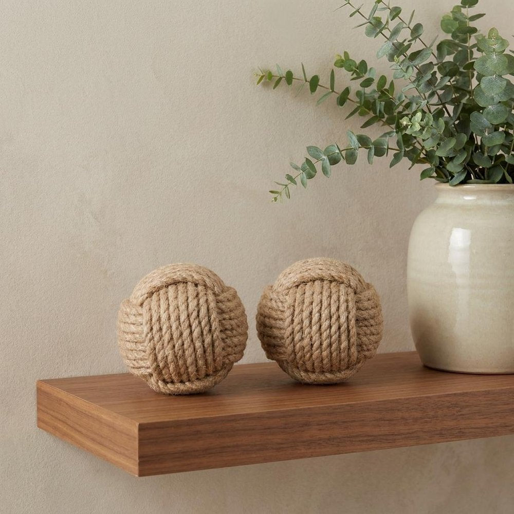 Set of Two Natural Jute Decorative Orb Tabletop Sculpture
