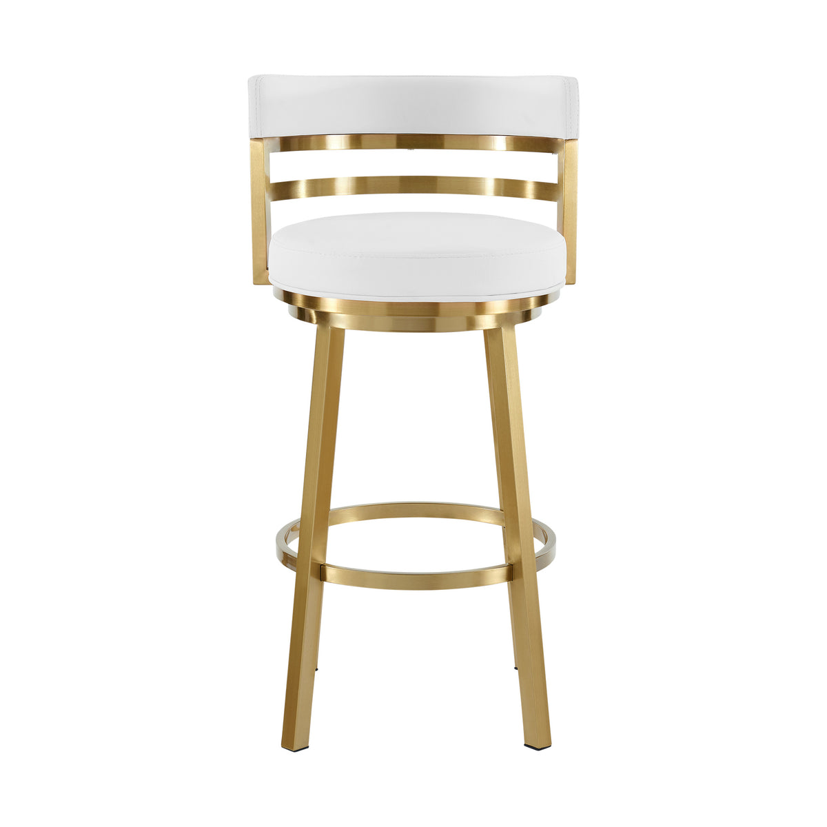 30" White And Gold Faux Leather And Steel Low Back Bar Height Swivel Bar Chair