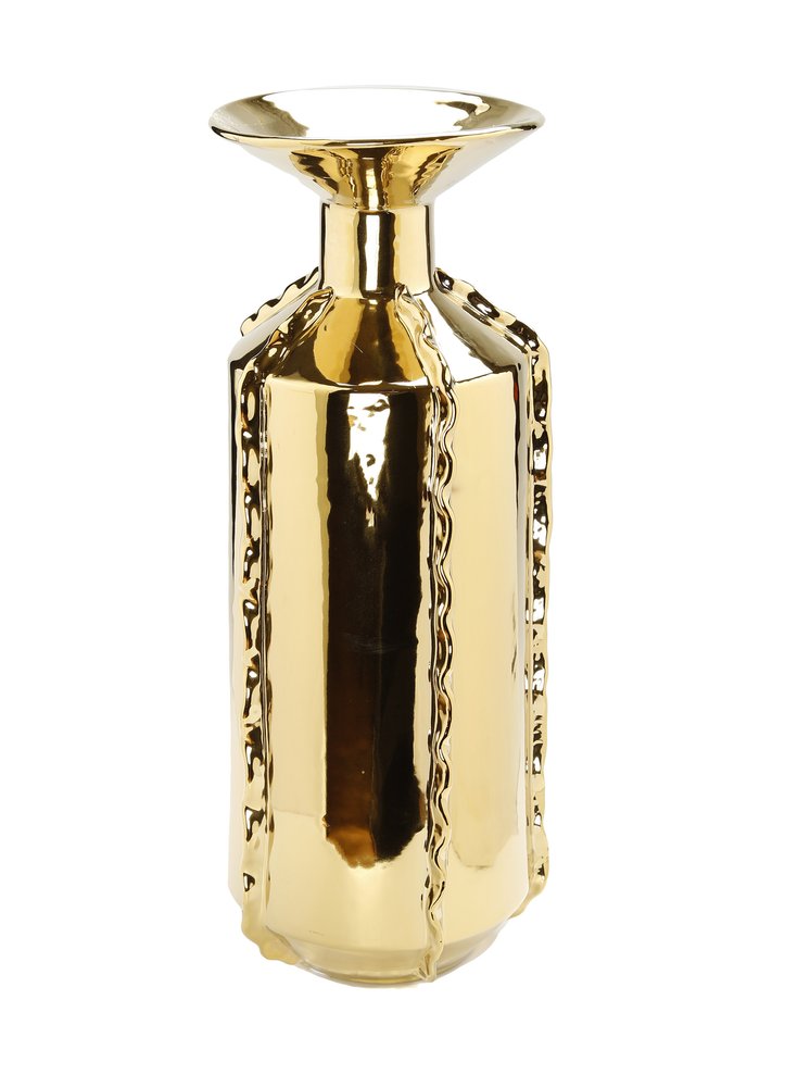 21" Gold Trumpet Ceramic Table Vase With Sculptural Details