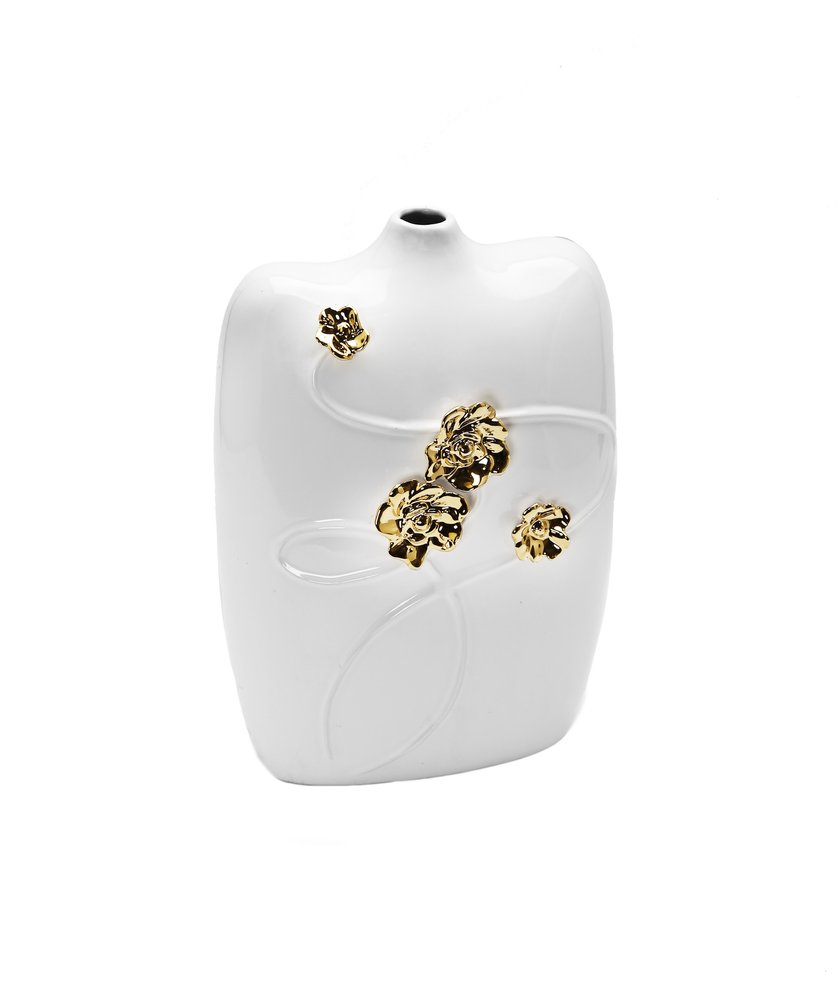 14" White Floral Ceramic Table Vase With Sculptural Details