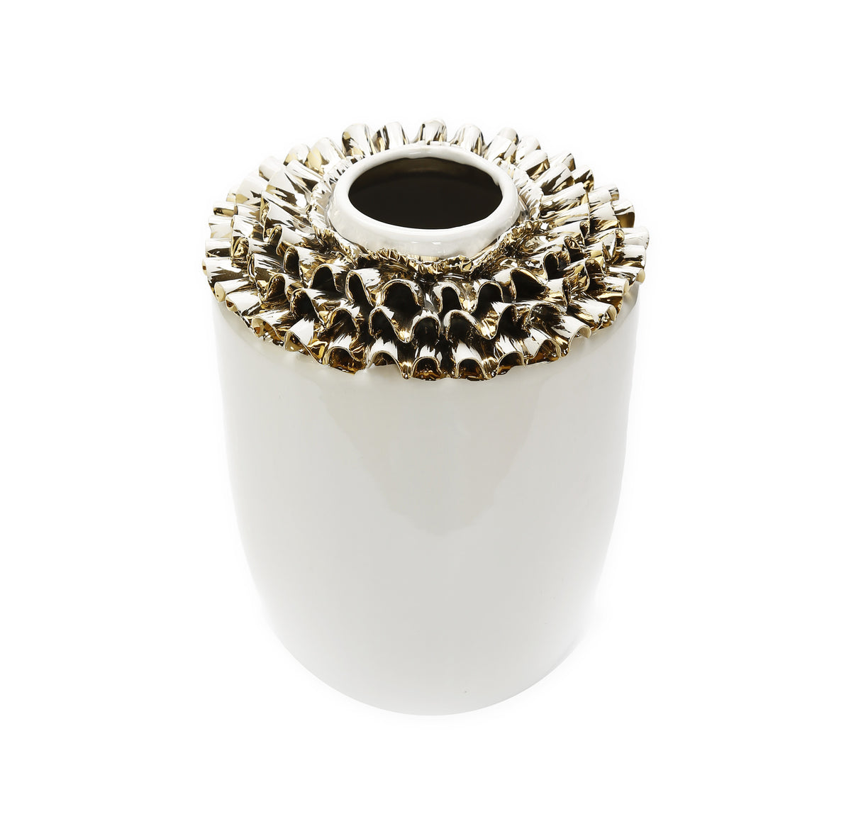 10" White Round Ceramic Table Vase With Sculptural Details
