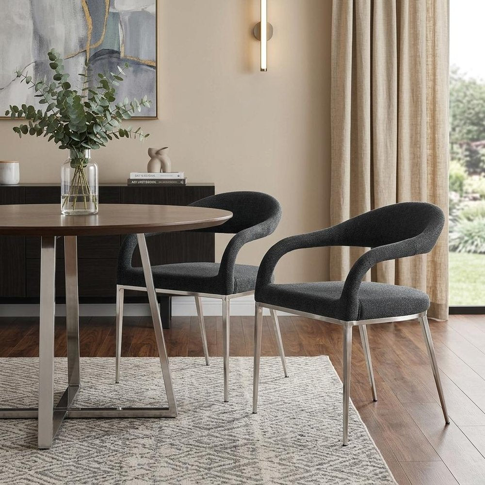 Set of Two Gray And Silver Upholstered Polyester Open Back Dining Arm Chairs