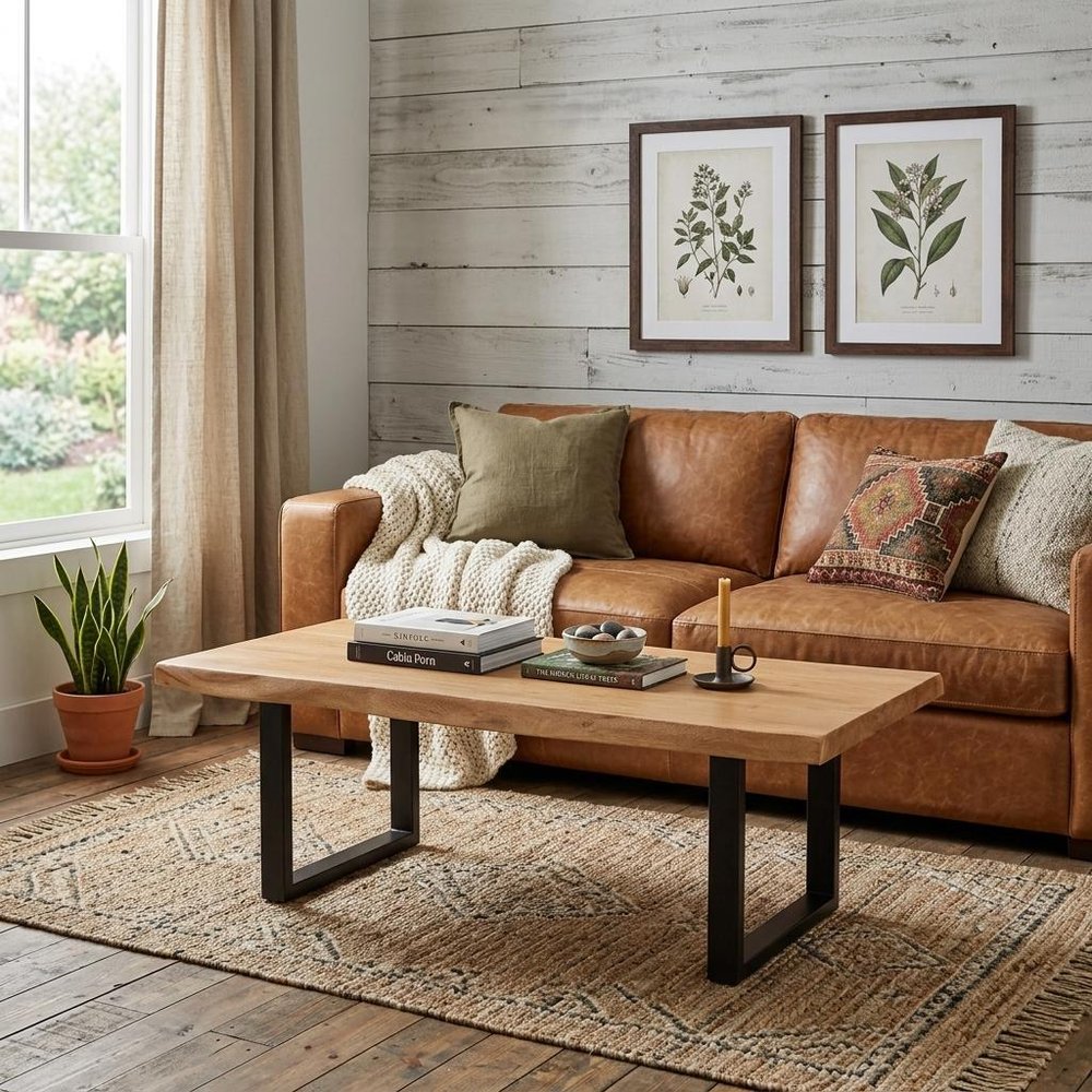 59" Natural And Black Solid Wood And Iron Live Edge Coffee Table