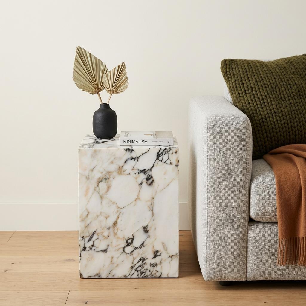 20" Ivory Marble Square Block End Table