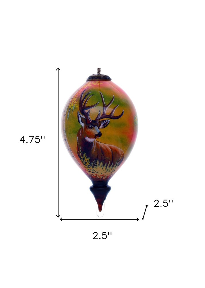 Mule Deer Hand Painted Brown And Green Glass Finial Ornament