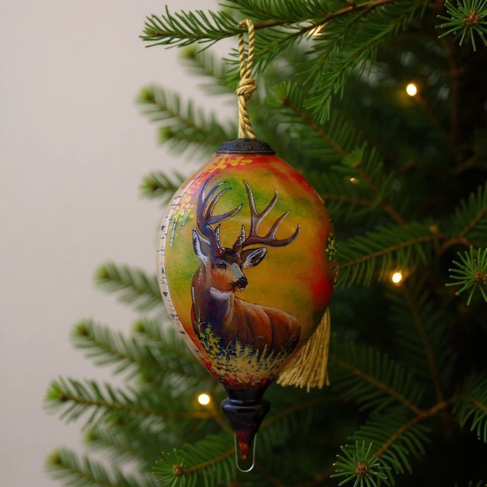 Mule Deer Hand Painted Brown And Green Glass Finial Ornament