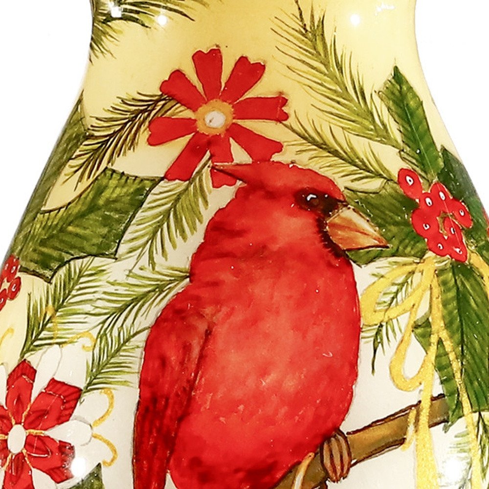 Merry Christmas Cardinal Christmas Hand Painted Red Green And Cream Glass Finial Ornament