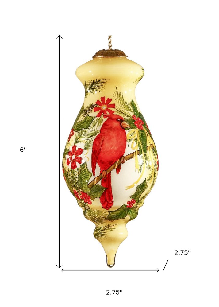 Merry Christmas Cardinal Christmas Hand Painted Red Green And Cream Glass Finial Ornament