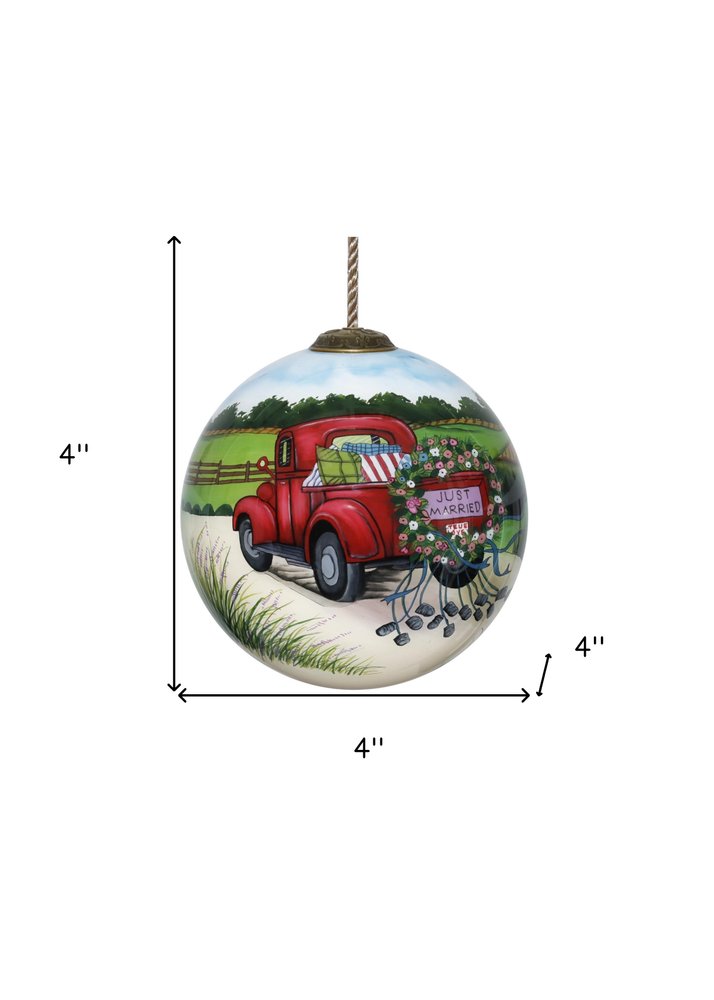 Just Married Hand Painted Red Green And White Glass Ball Ornament