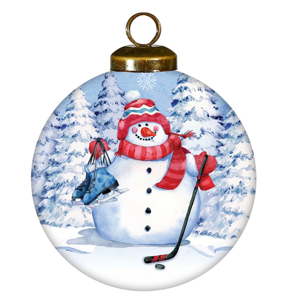 Hockey Snowman Hand Painted White Blue And Red Glass Ball Ornament
