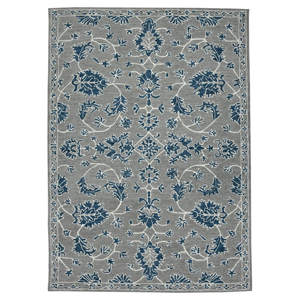 9' X 13' Gray Blue And Ivory Wool Floral Medallion Hand Hooked Area Rug