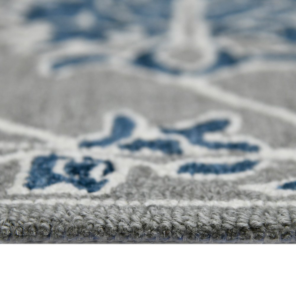 9' X 13' Gray Blue And Ivory Wool Floral Medallion Hand Hooked Area Rug