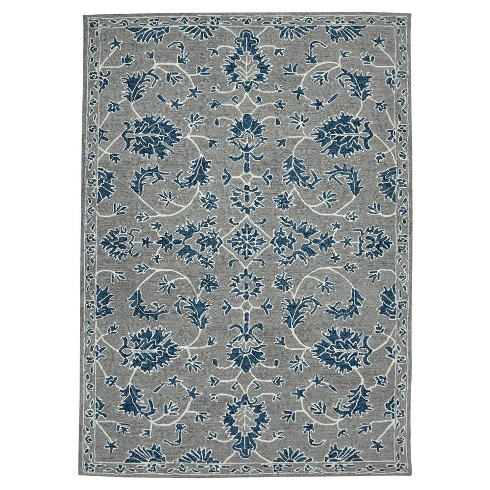 9' X 13' Gray Blue And Ivory Wool Floral Medallion Hand Hooked Area Rug