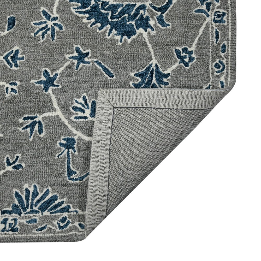 9' X 13' Gray Blue And Ivory Wool Floral Medallion Hand Hooked Area Rug