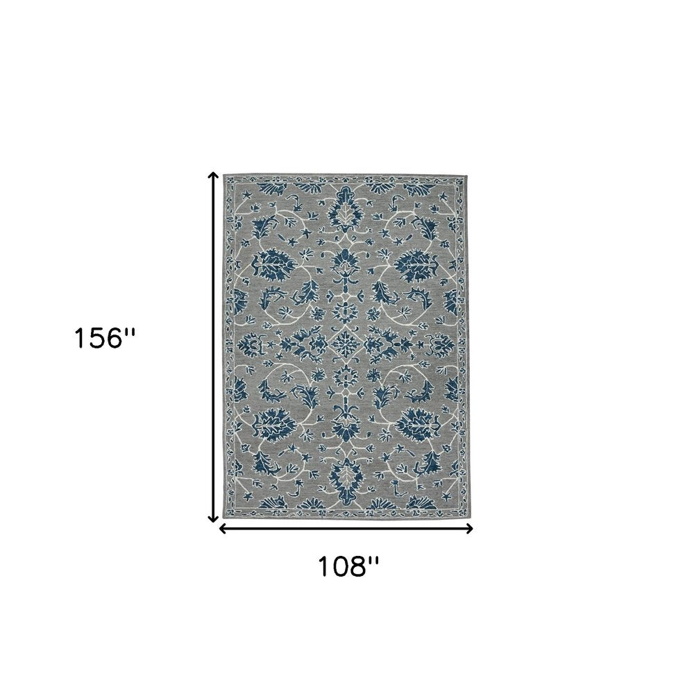 9' X 13' Gray Blue And Ivory Wool Floral Medallion Hand Hooked Area Rug