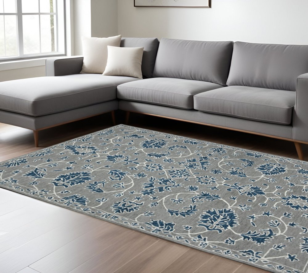 9' X 13' Gray Blue And Ivory Wool Floral Medallion Hand Hooked Area Rug