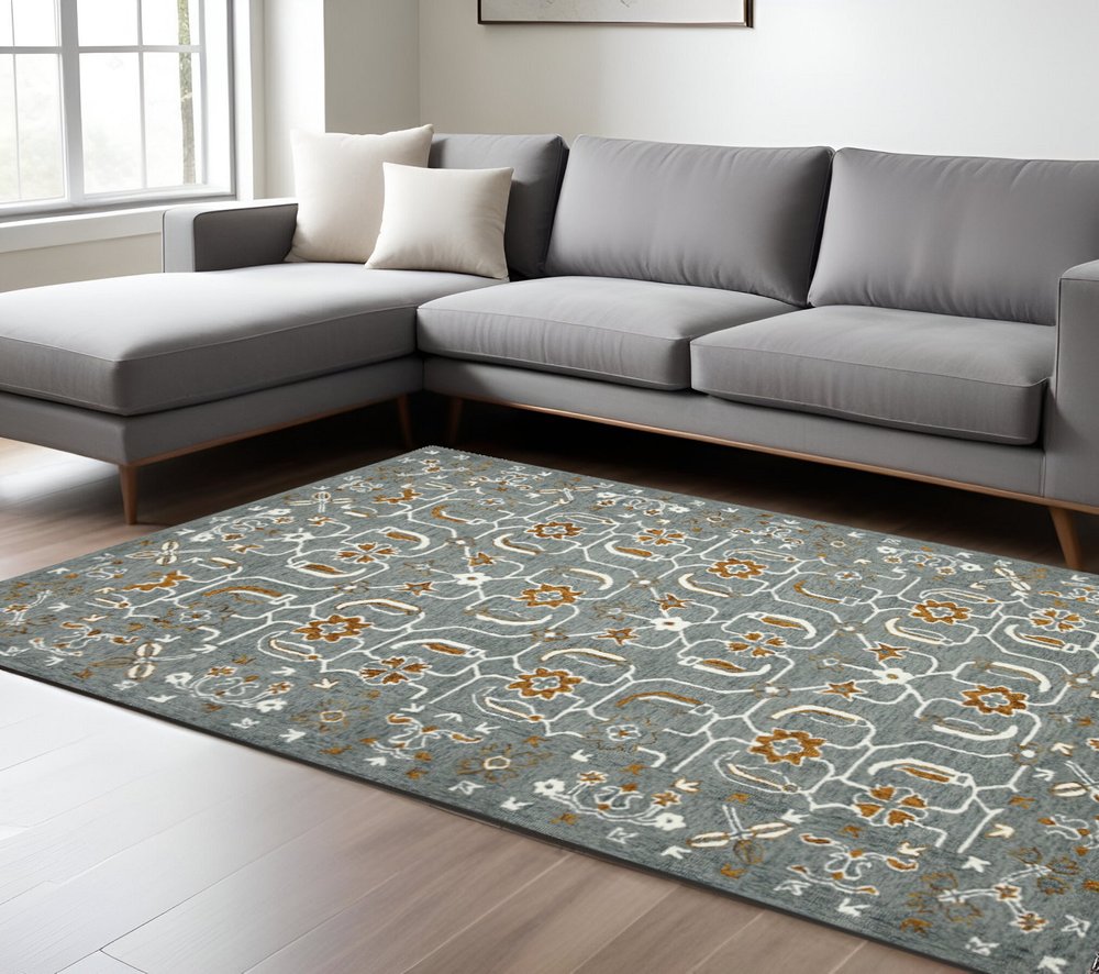 9' X 13' Orange Gray And Ivory Wool Floral Medallion Hand Hooked Area Rug