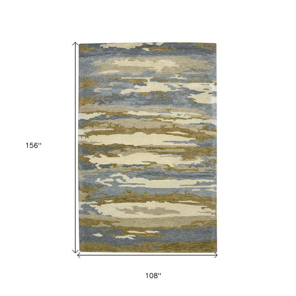 9' X 13' Light Blue Ivory And Brown Wool Abstract Hand Tufted Area Rug