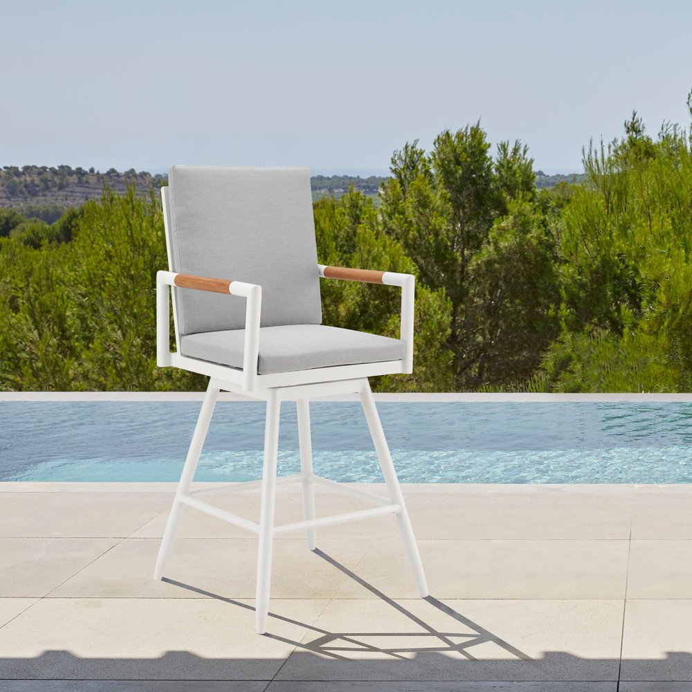 43" Light Gray Metal Swivel Outdoor Counter Height Bar chair with Footrest