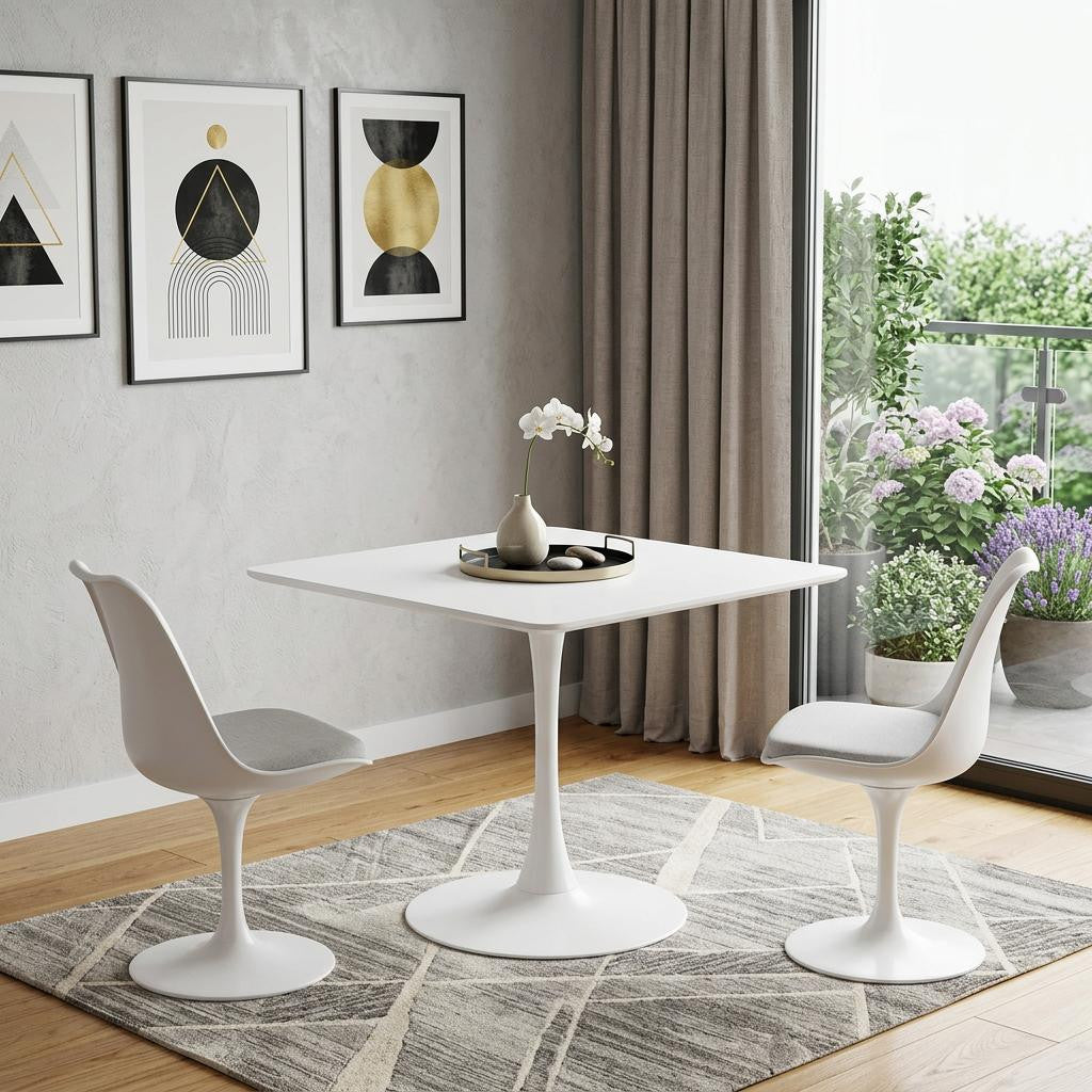 36" White Wood and Steel Pedestal Base Square Dining Table