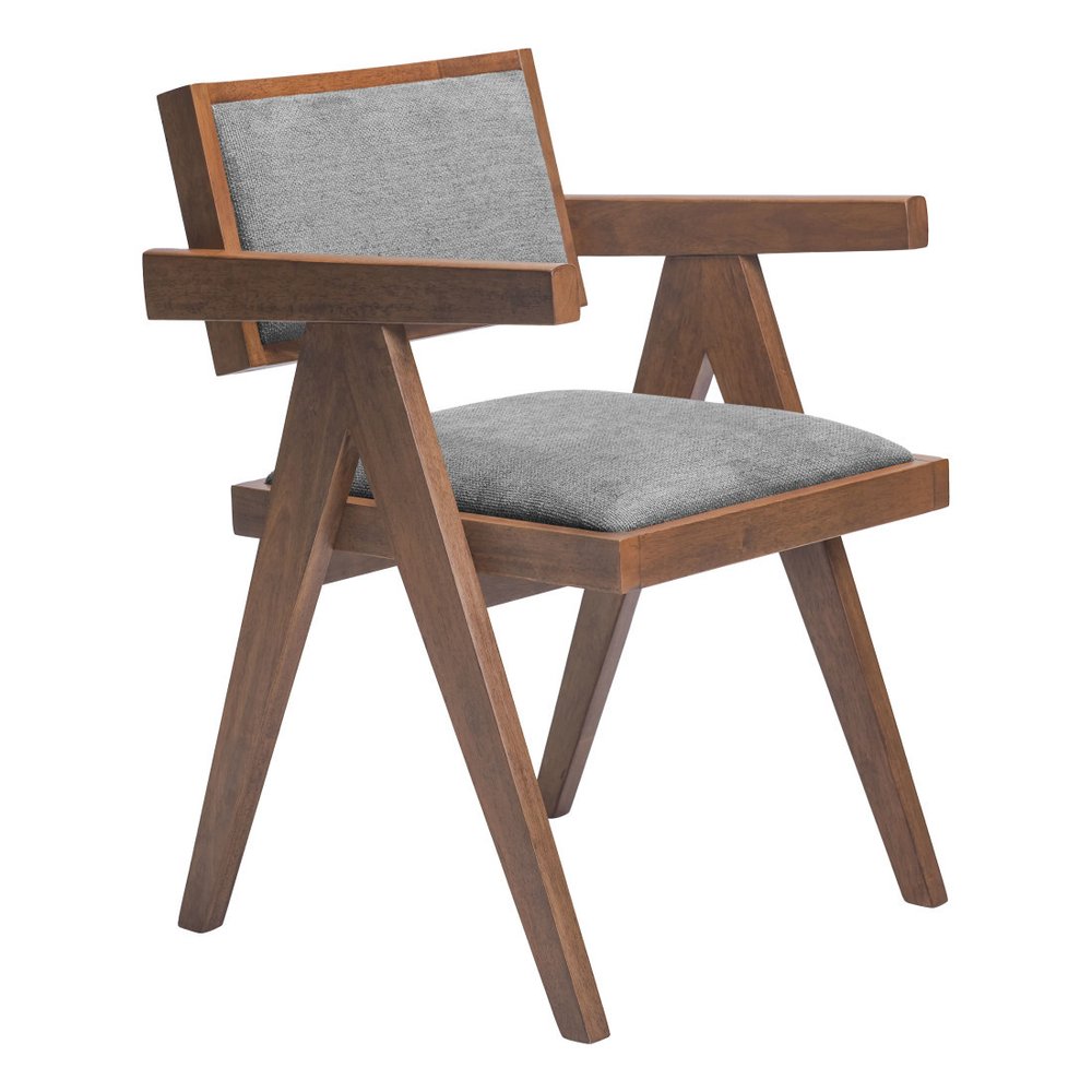 Set of Two Gray and Brown Upholstery Open Back Dining Arm Chairs