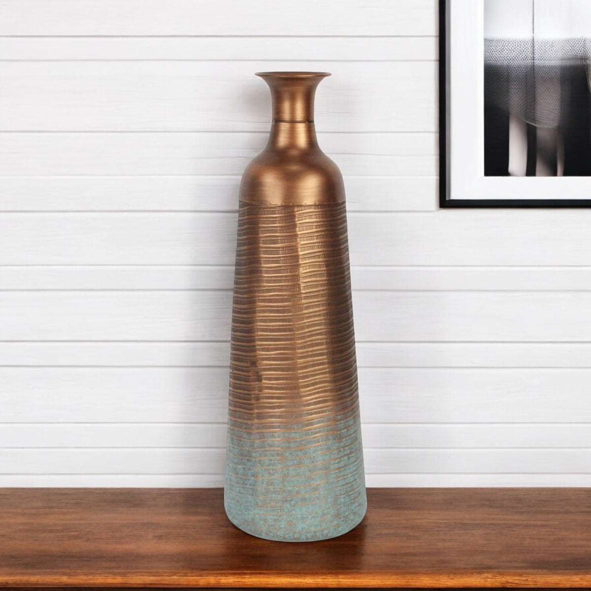 24" Copper And Teal Abstract Tapered Metal Table Vase
