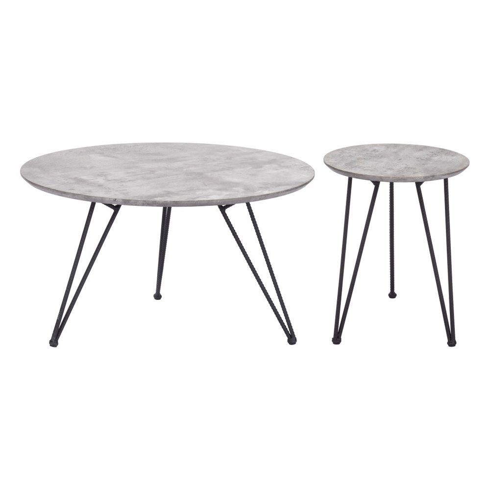 Set of Two Gray and Black Wood and Steel Round Nested Coffee Tables