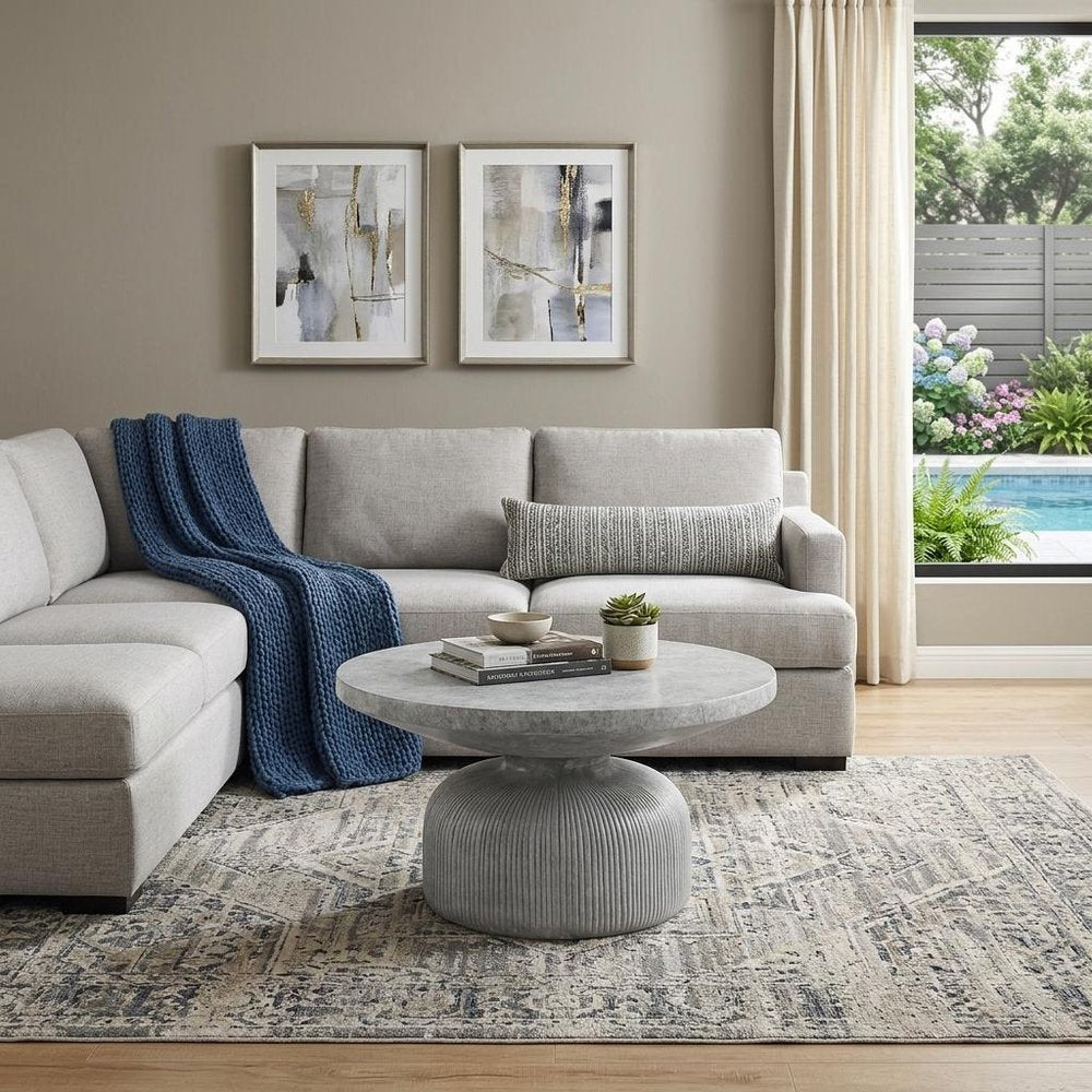 30" Gray Cement Round Pedestal Coffee Table