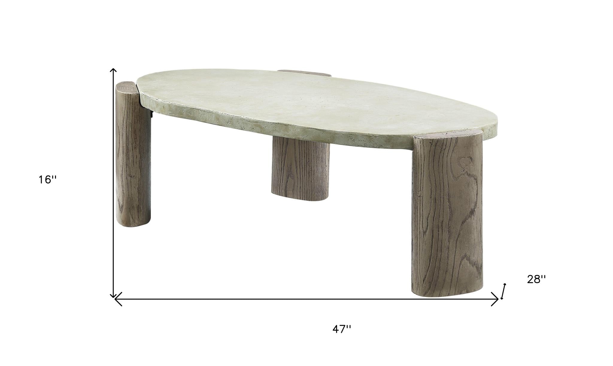 47" Beige and Oak Distressed Cement Oval Coffee Table