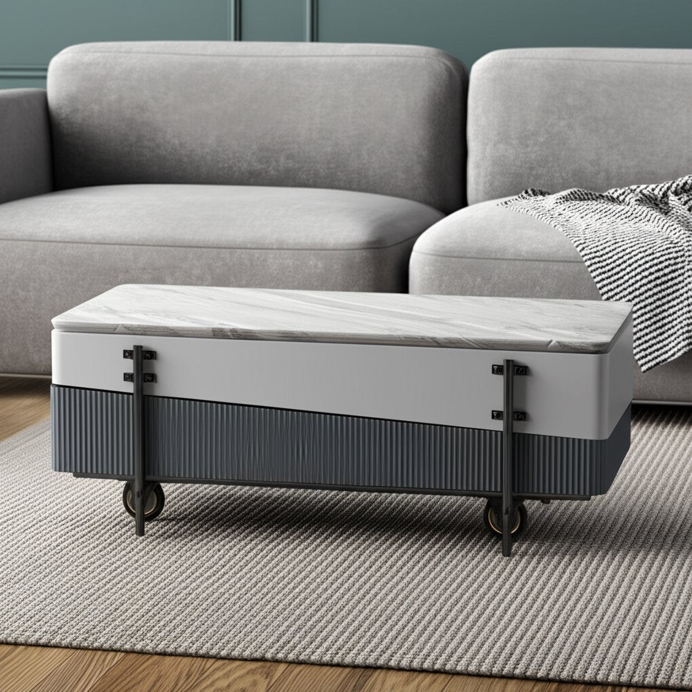 47" Gray White and Black Faux Marble Wood and Steel Lift Top Coffee Table