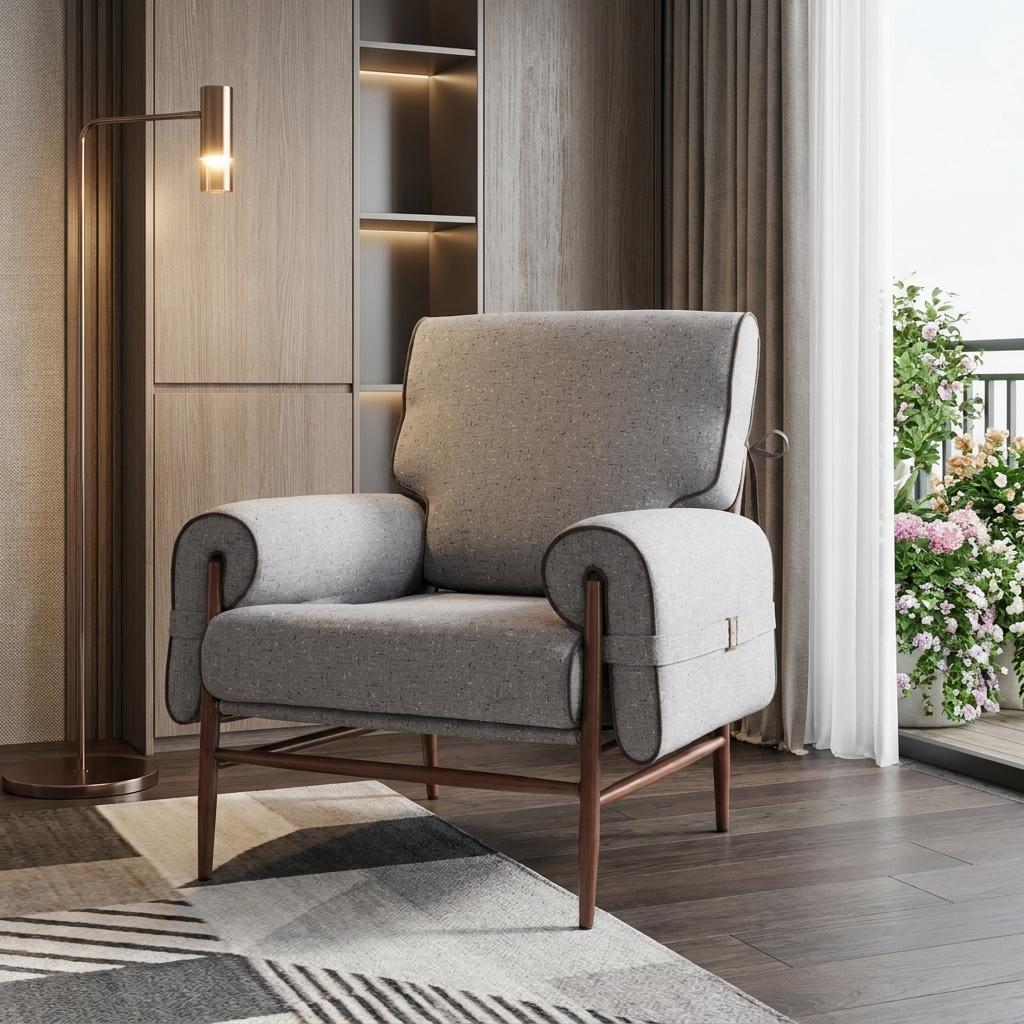 34" Gray And Brown Upholstered Arm Chair