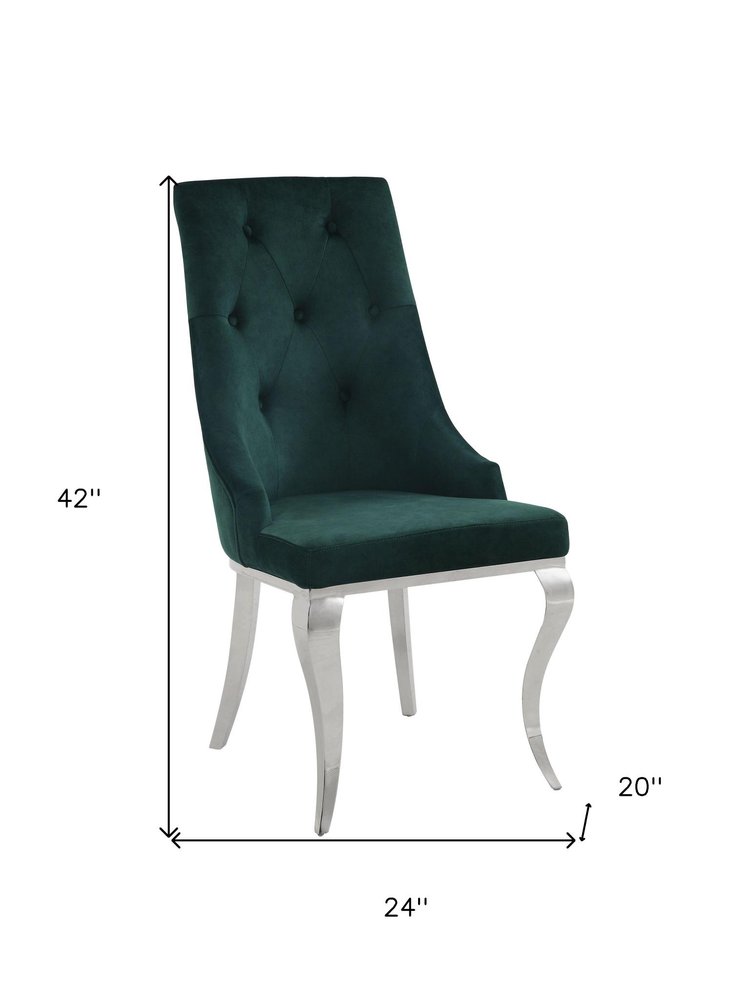Set of Two Green and Silver Tufted Fabric Dining Side Chairs