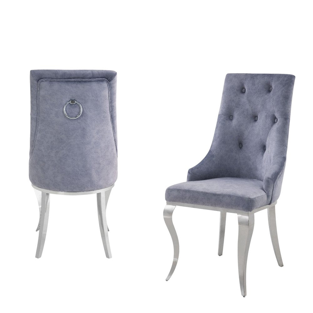 Set of Two Gray and Silver Tufted Fabric Dining Side Chairs
