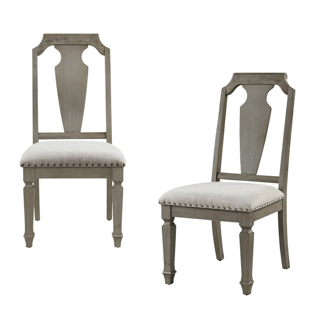 Set of Two Beige and Oak Linen Open Back Dining Side Chairs