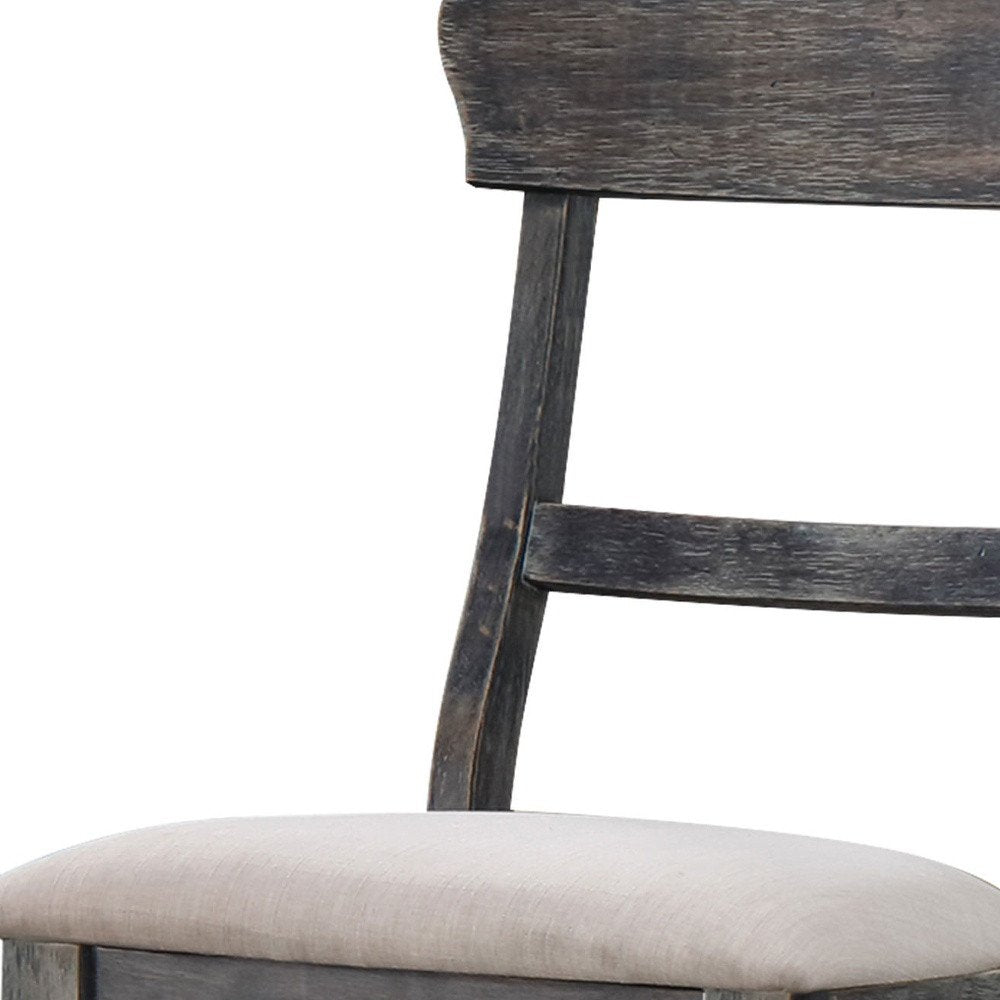 Set of Two Light Brown and Gray Linen Slat Back Dining Side Chairs