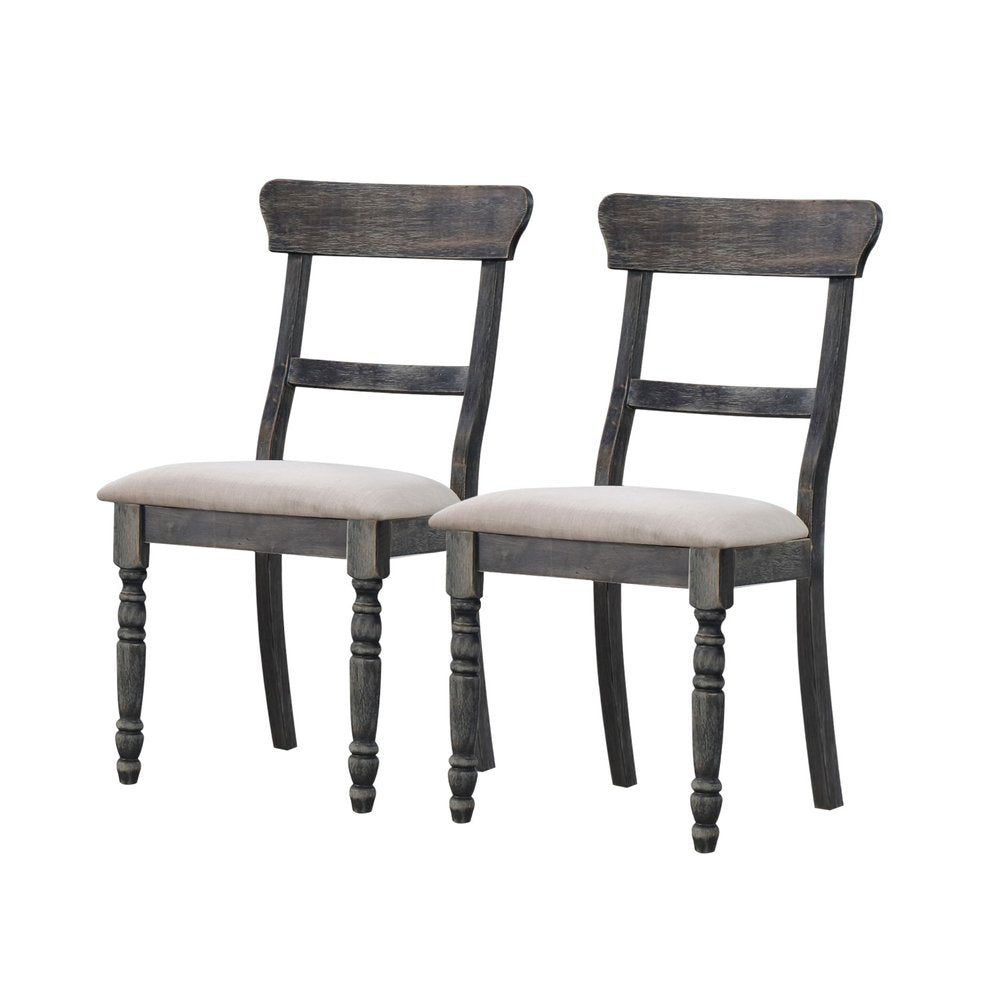 Set of Two Light Brown and Gray Linen Slat Back Dining Side Chairs